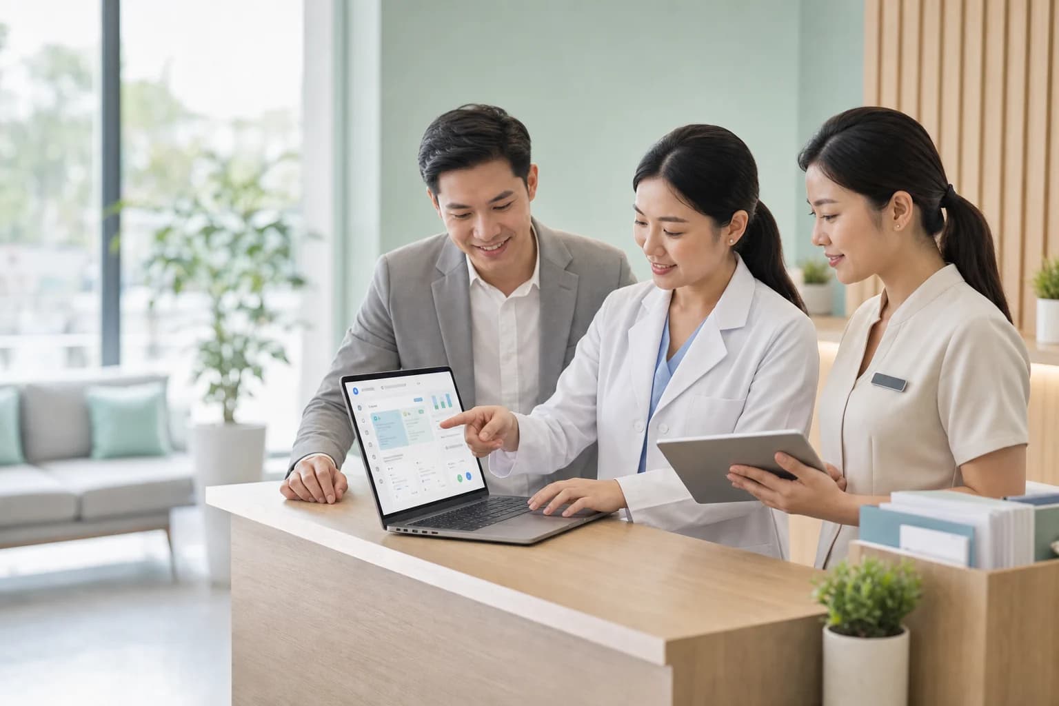 Đội ngũ phòng khám Việt Nam cùng xem lại công việc trên máy tính và máy tính bảng
